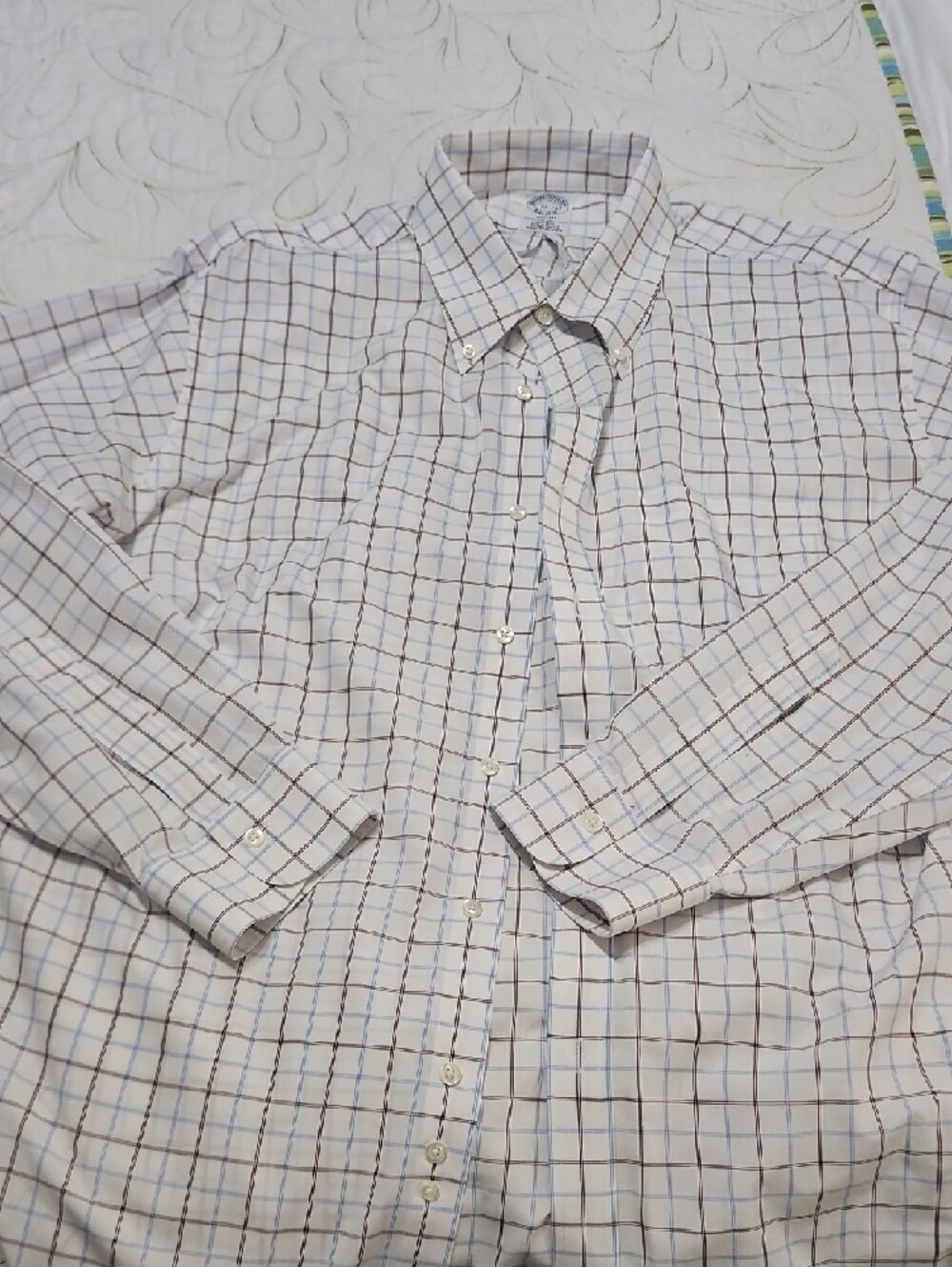 Brooks Brothers White Button-Down Shirt with Blue and Brown Plaid - Picture 3 of 4